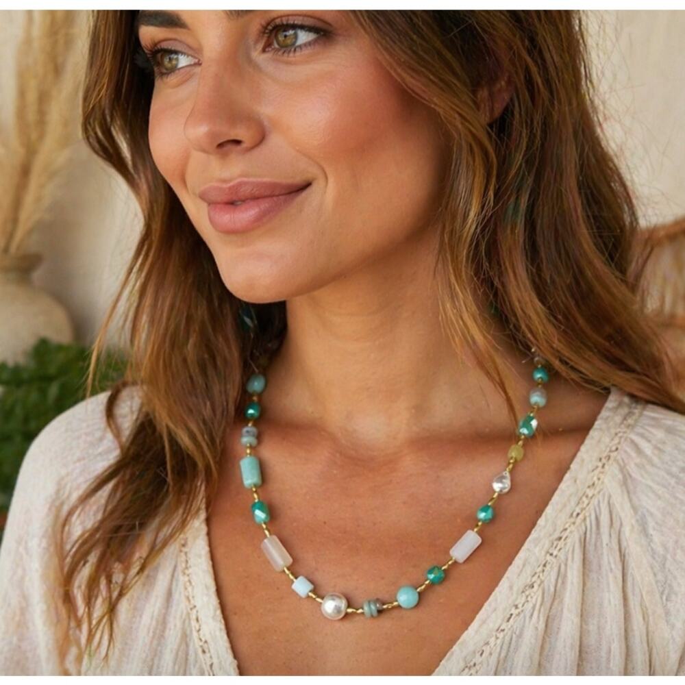 Seafoam White Gold Beaded Necklace New
